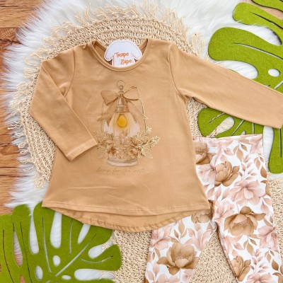 Conj. Blusa Manga Longa Lamp for the Paths e Calça Legging Floral - Caramelo